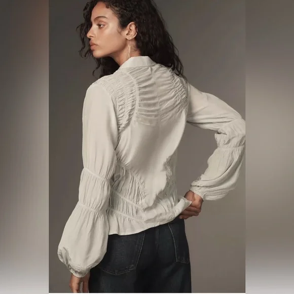 Anthropologie long sleeve shirred Cream Button-Down Shirt - Picture 3 of 8